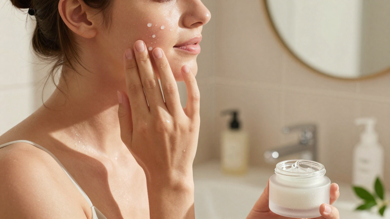 Woman applying face cream in a bathroom with a jar of moisturizer in hand and mirror in the background.