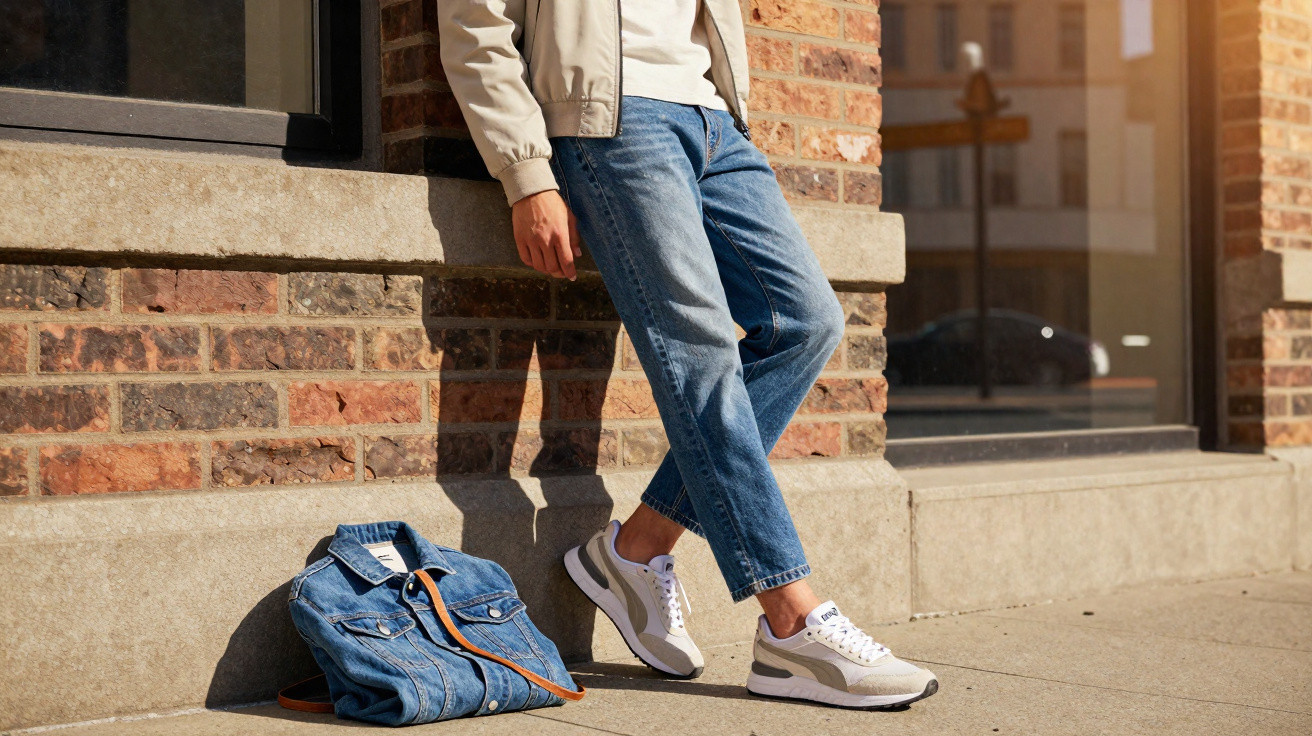 Person wearing white trainers and blue jeans leaning against a brick wall with a denim bag on the ground nearby.