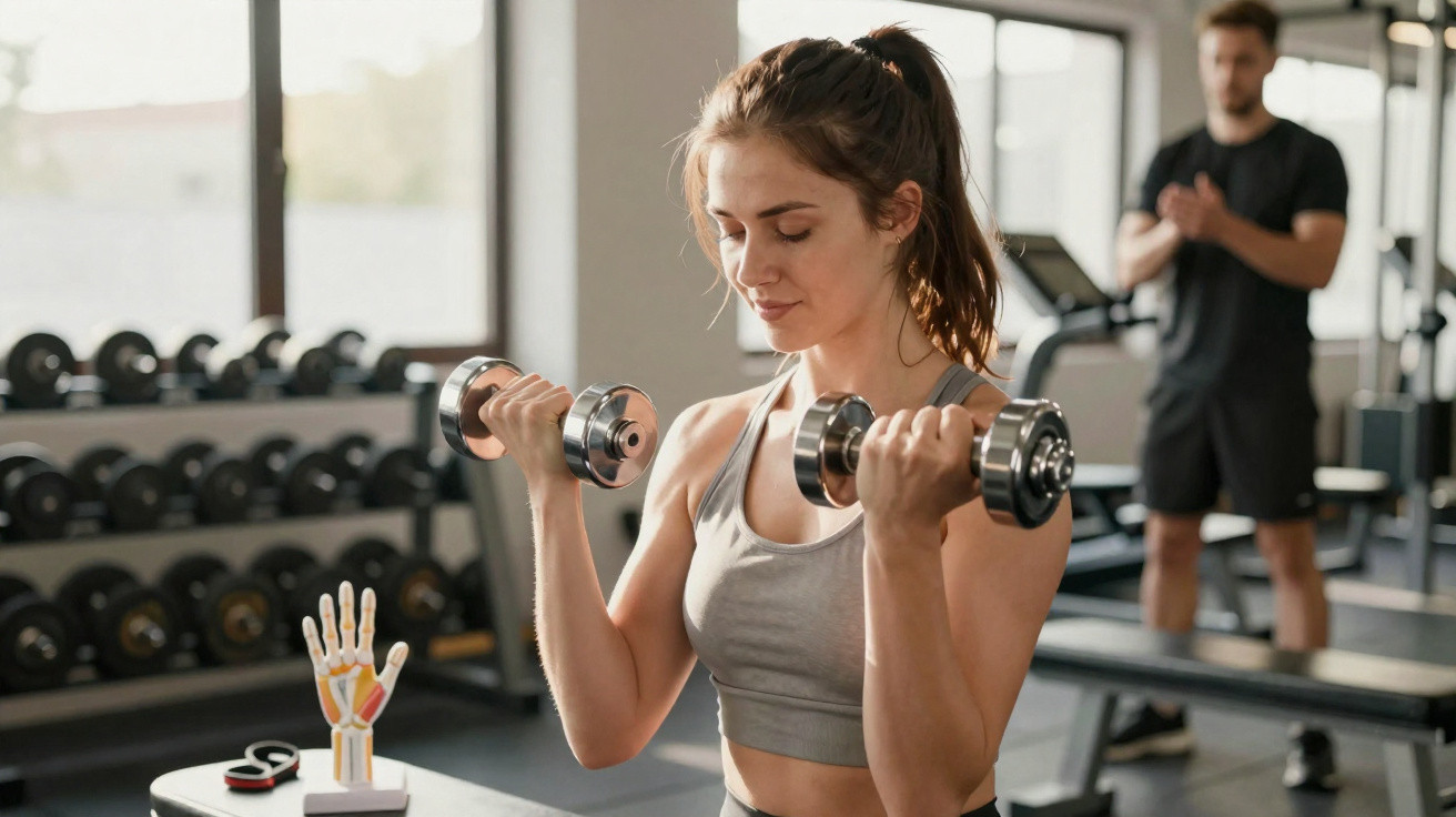 Woman lifting dumbbells at the gym with a man in the background and a hand anatomy model on the table nearby.