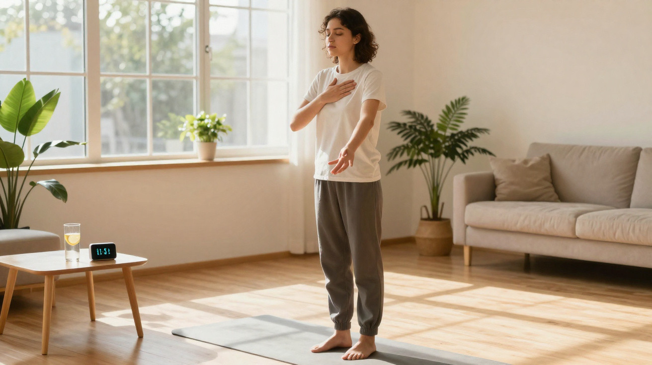 Woman practising breathing exercises on a yoga mat in a bright, cosy living room with plants and sunlight.