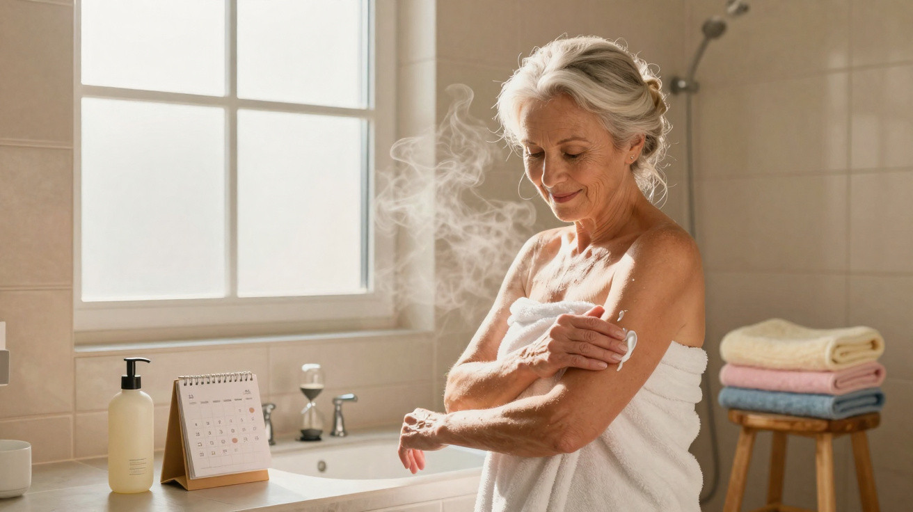 Older woman wrapped in towel applying lotion in steamy bathroom with folded towels on stool nearby