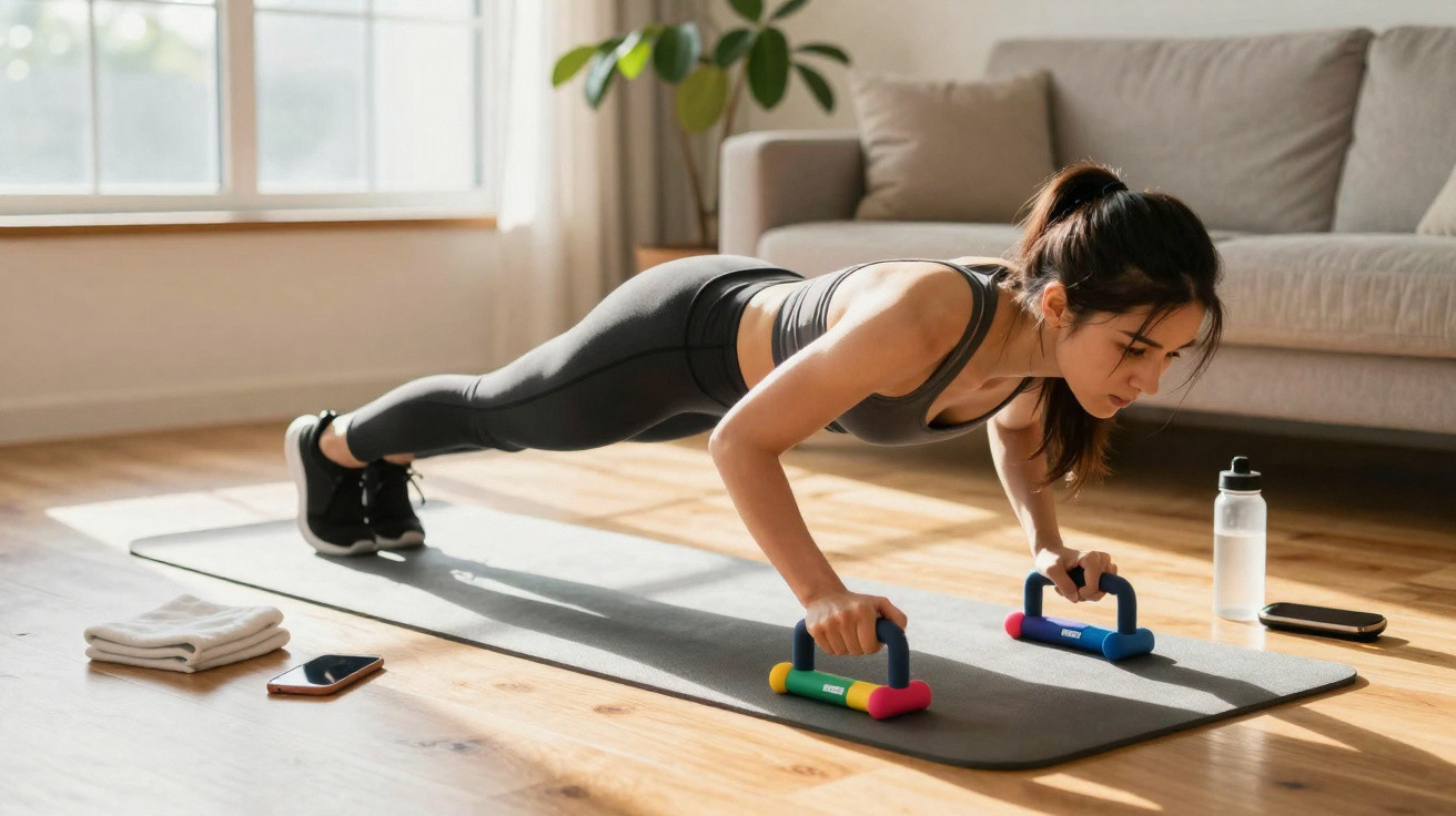 Woman in sportswear doing push-ups on a mat using push-up bars in a bright living room.