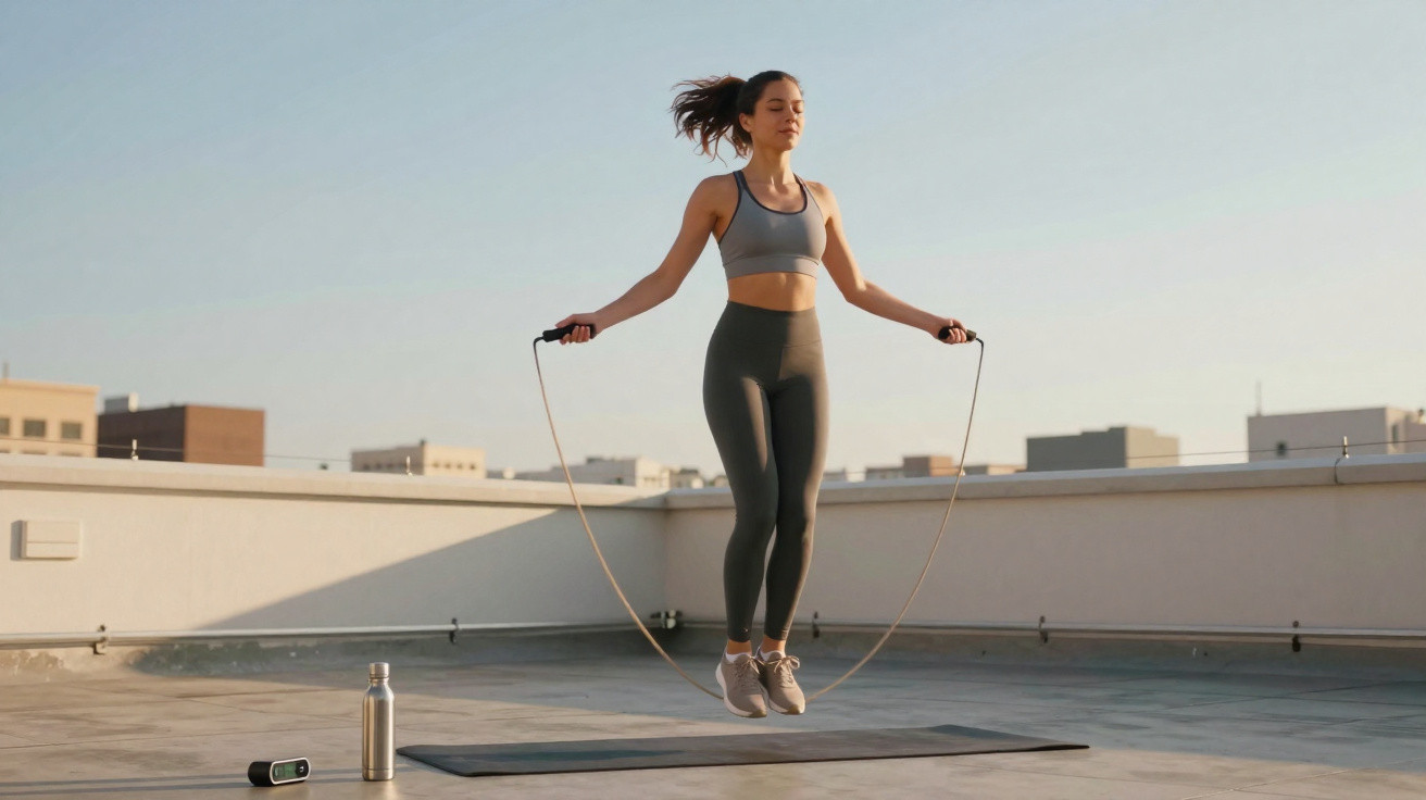 Woman in sportswear jumping rope on a rooftop with a yoga mat, water bottle, and speaker nearby.
