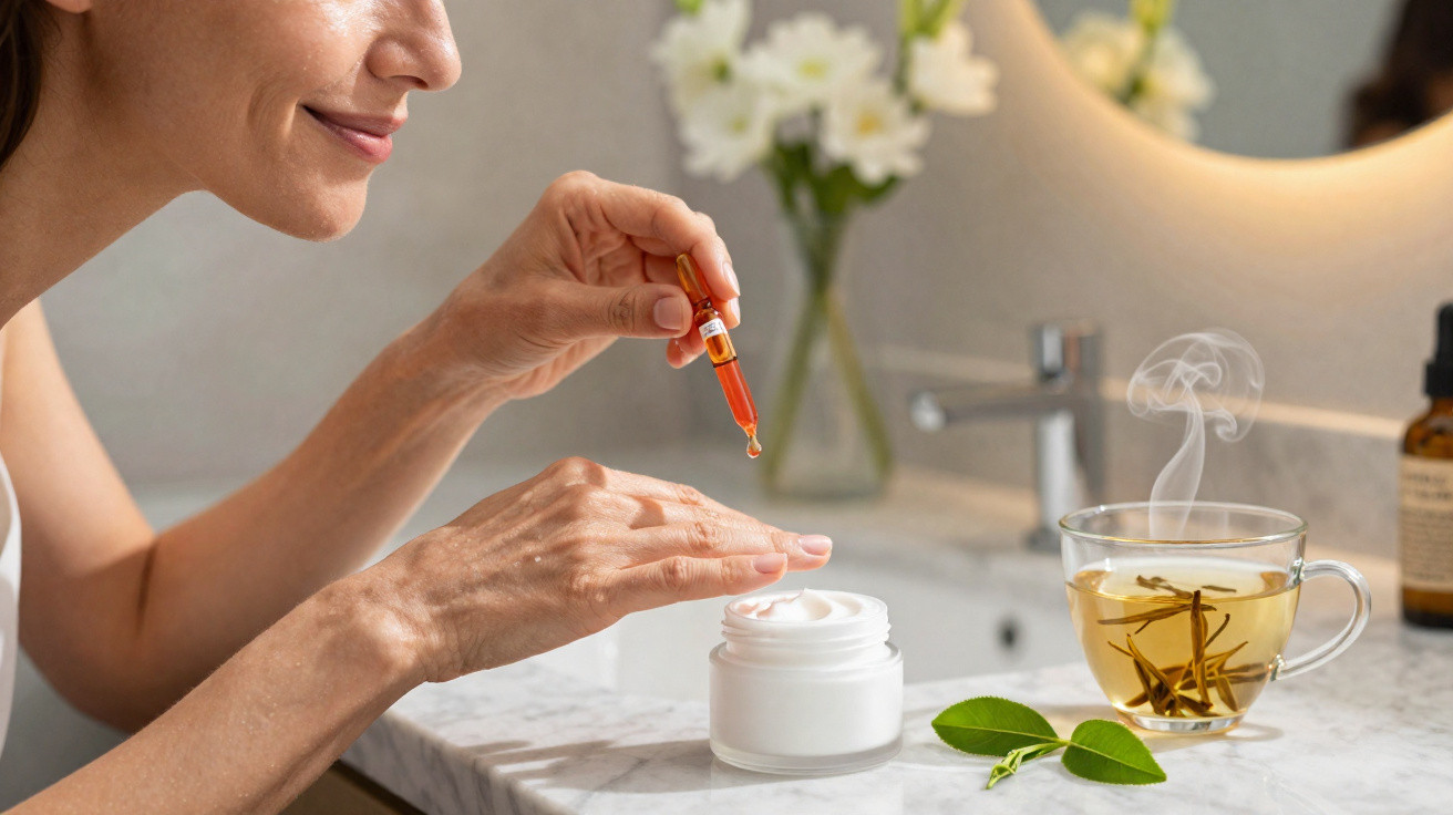 Woman applying skincare serum with dropper over cream jar on bathroom counter with steaming herbal tea