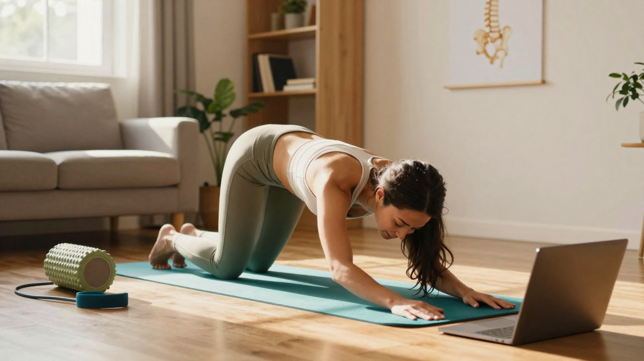 Woman in sportswear doing yoga stretch on a mat in a bright living room with a laptop nearby.