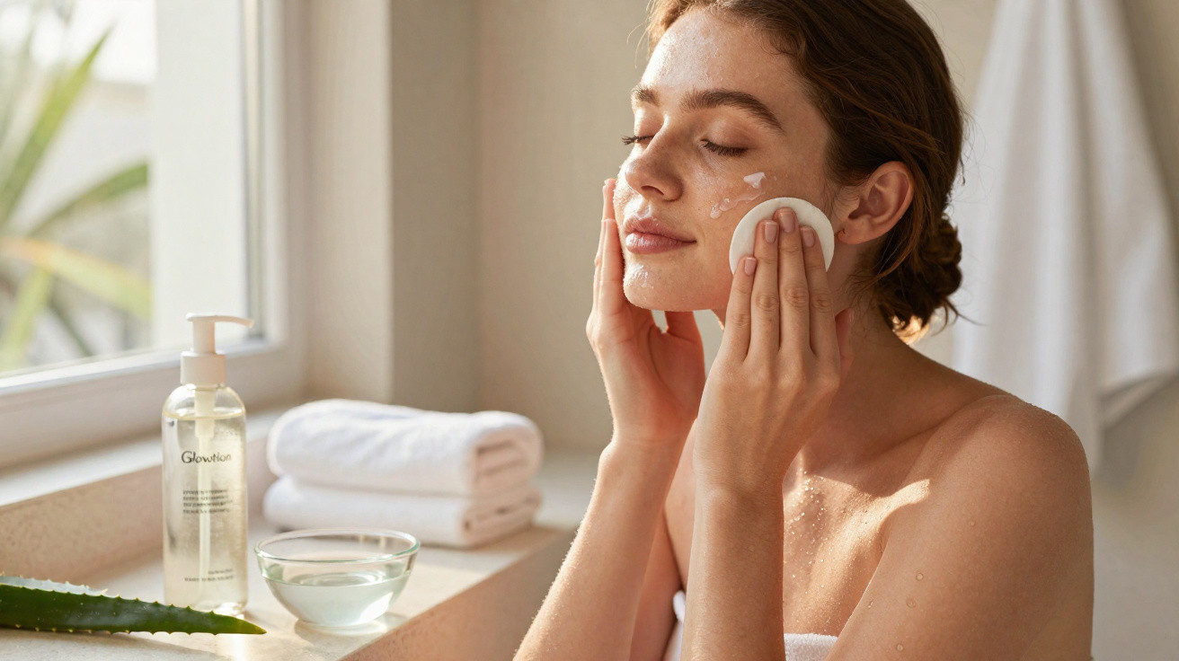 Woman cleansing her face with a cotton pad in a bright bathroom with skincare products and towels nearby.