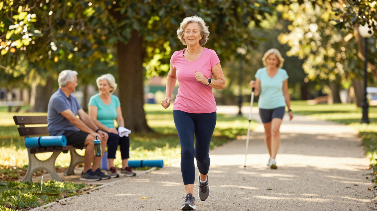 Elderly woman jogging on a park path with others walking and sitting nearby on a sunny day.