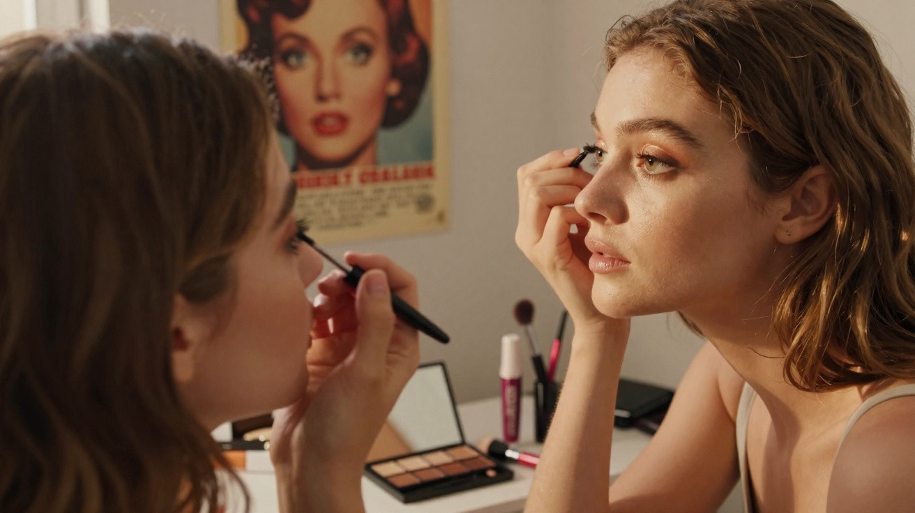 Young woman applying mascara while looking in a mirror on a vanity table with makeup products.