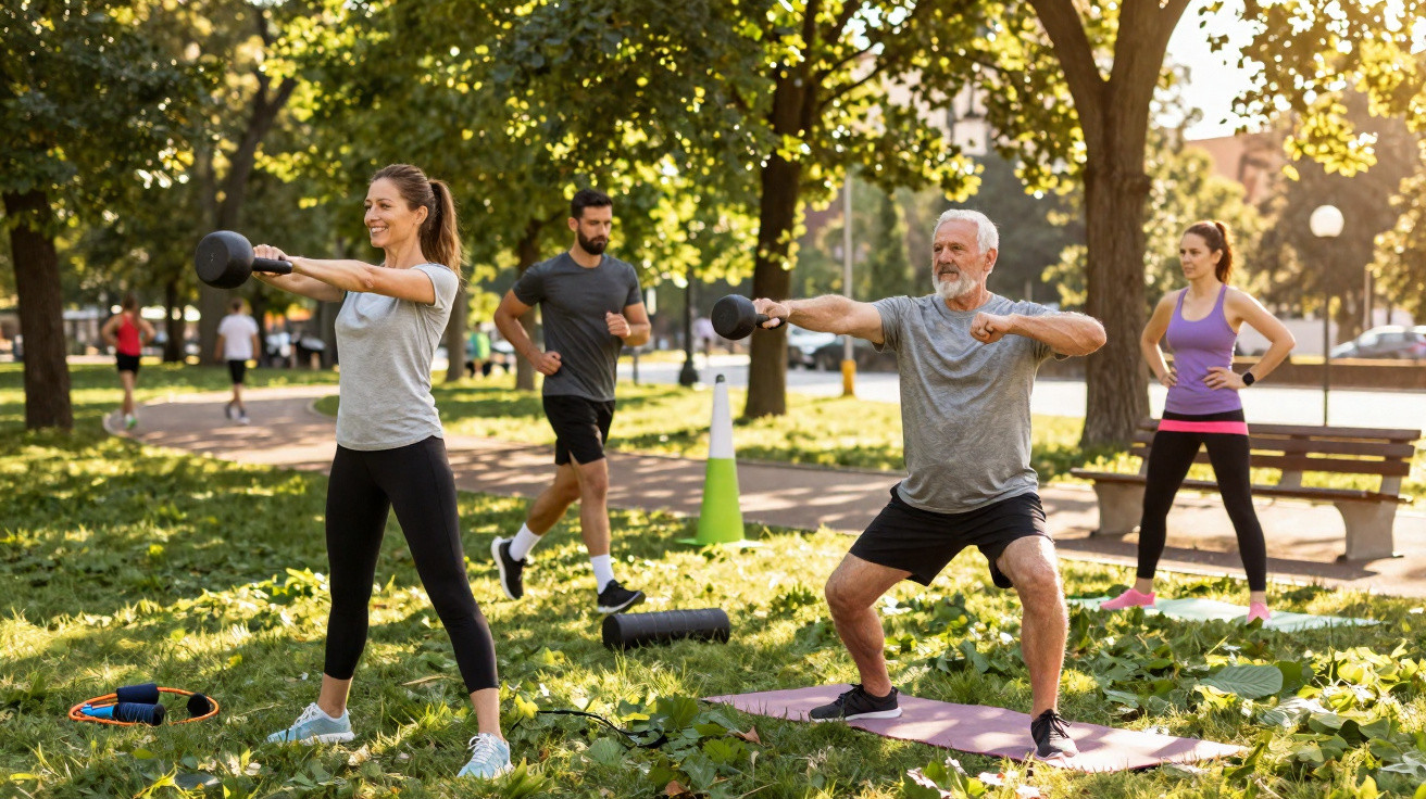 Group of adults exercising with kettlebells and running in a sunlit park surrounded by trees.