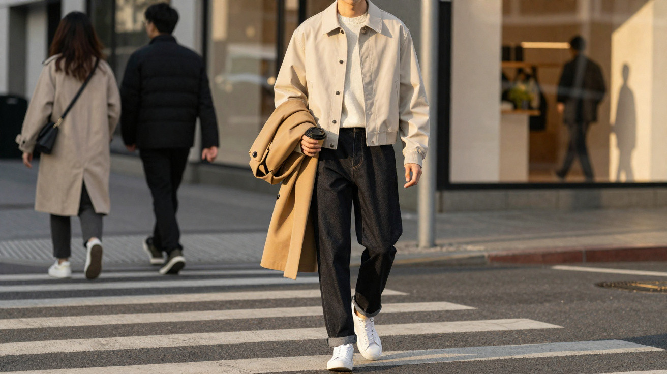Man in beige jacket and black trousers carrying a coat walking across a pedestrian crossing in an urban area.