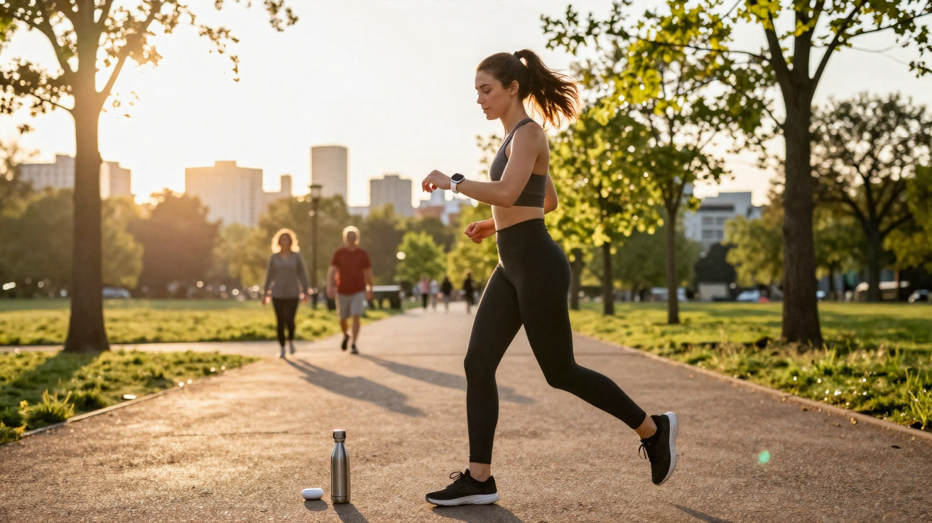 Young woman jogging in park at sunset with water bottle on path and city skyline in background.