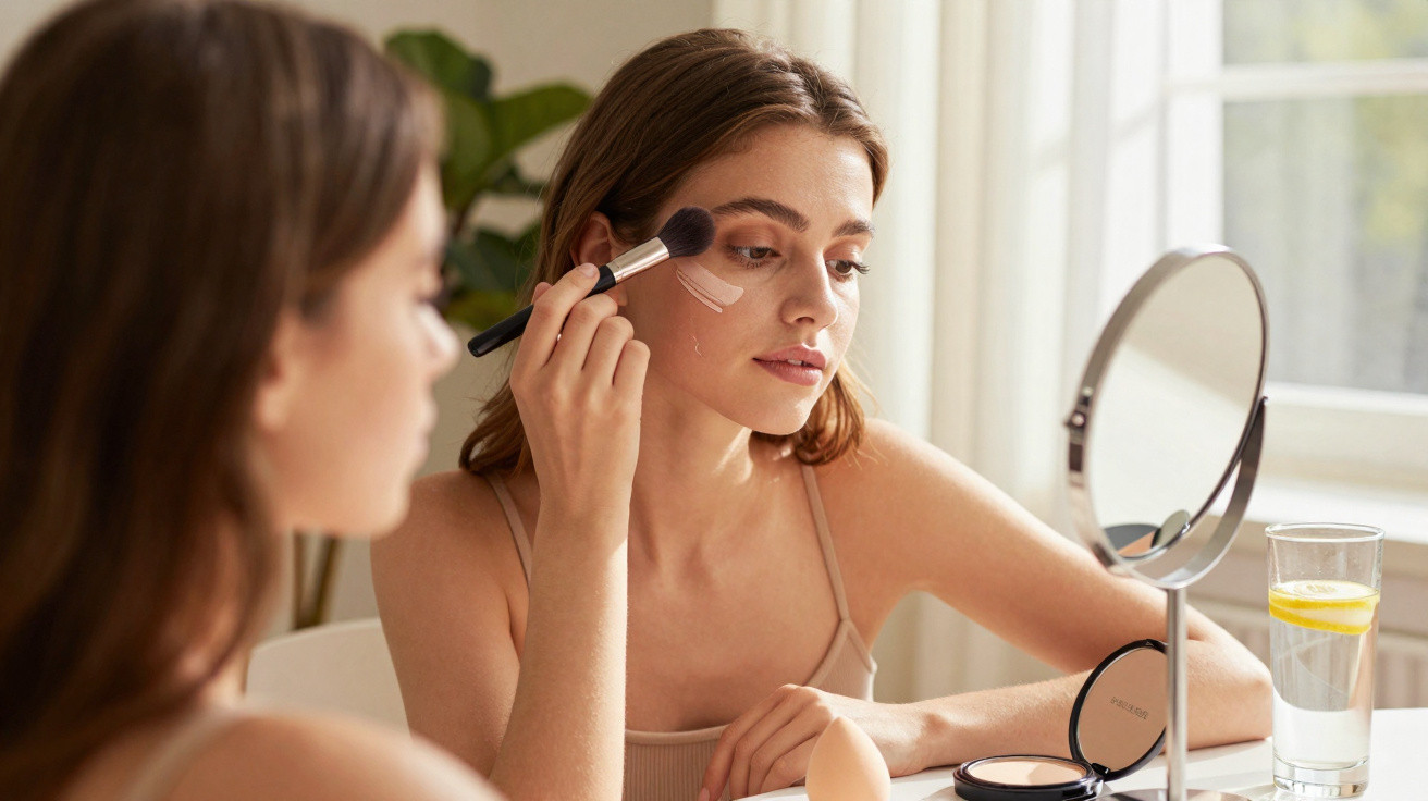Young woman applying makeup with a brush in front of a mirror on a bright, sunny day indoors.