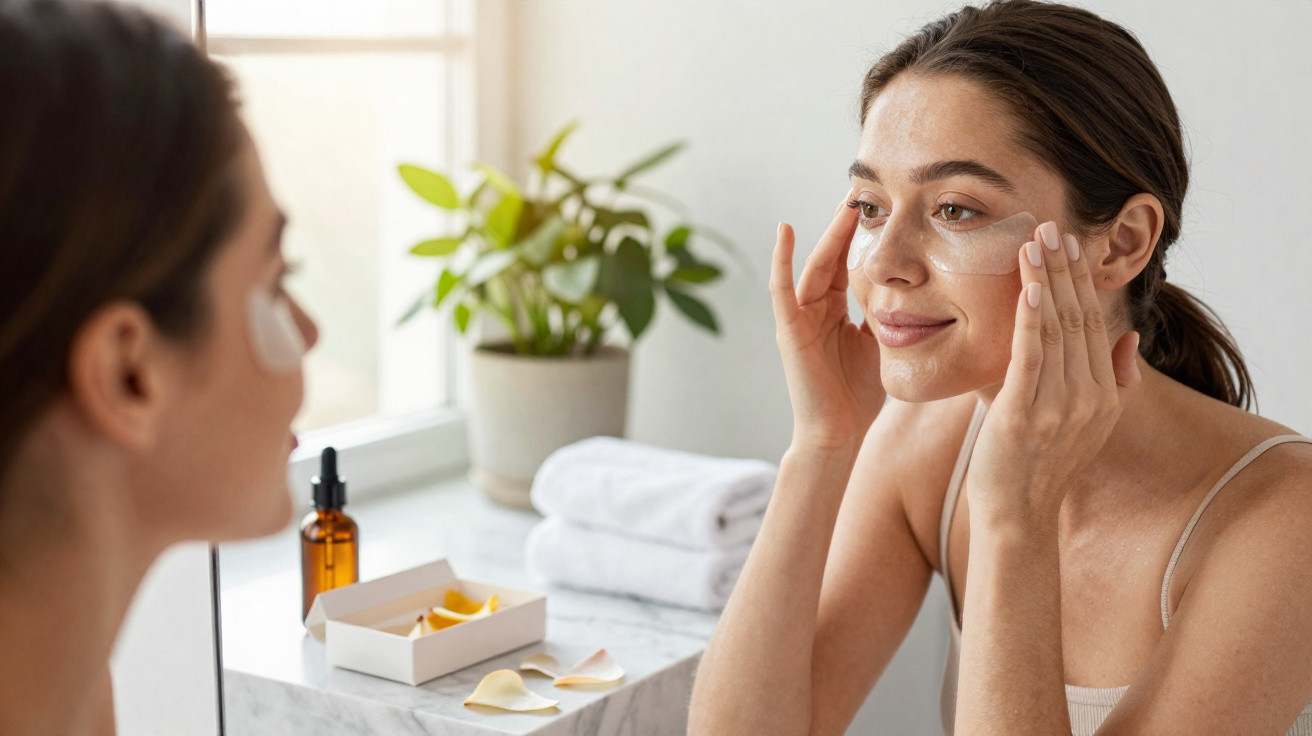 Woman applying cream to her face in front of a mirror with skincare products and a plant nearby.