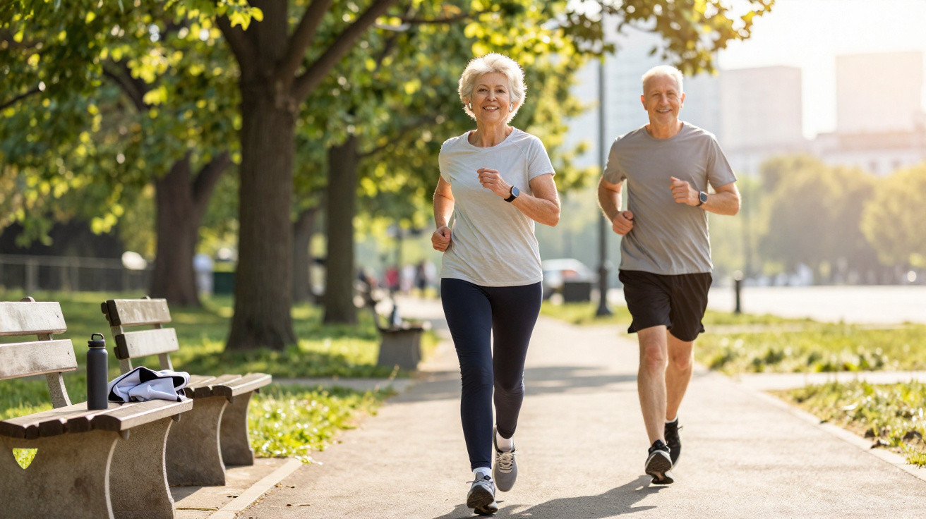 Elderly couple jogging together on a sunny park path with benches and trees in the background.