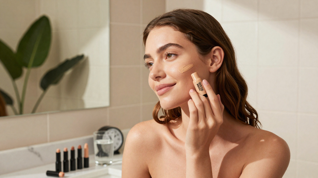 Young woman applying beige foundation stick to her cheek in a bright bathroom setting.