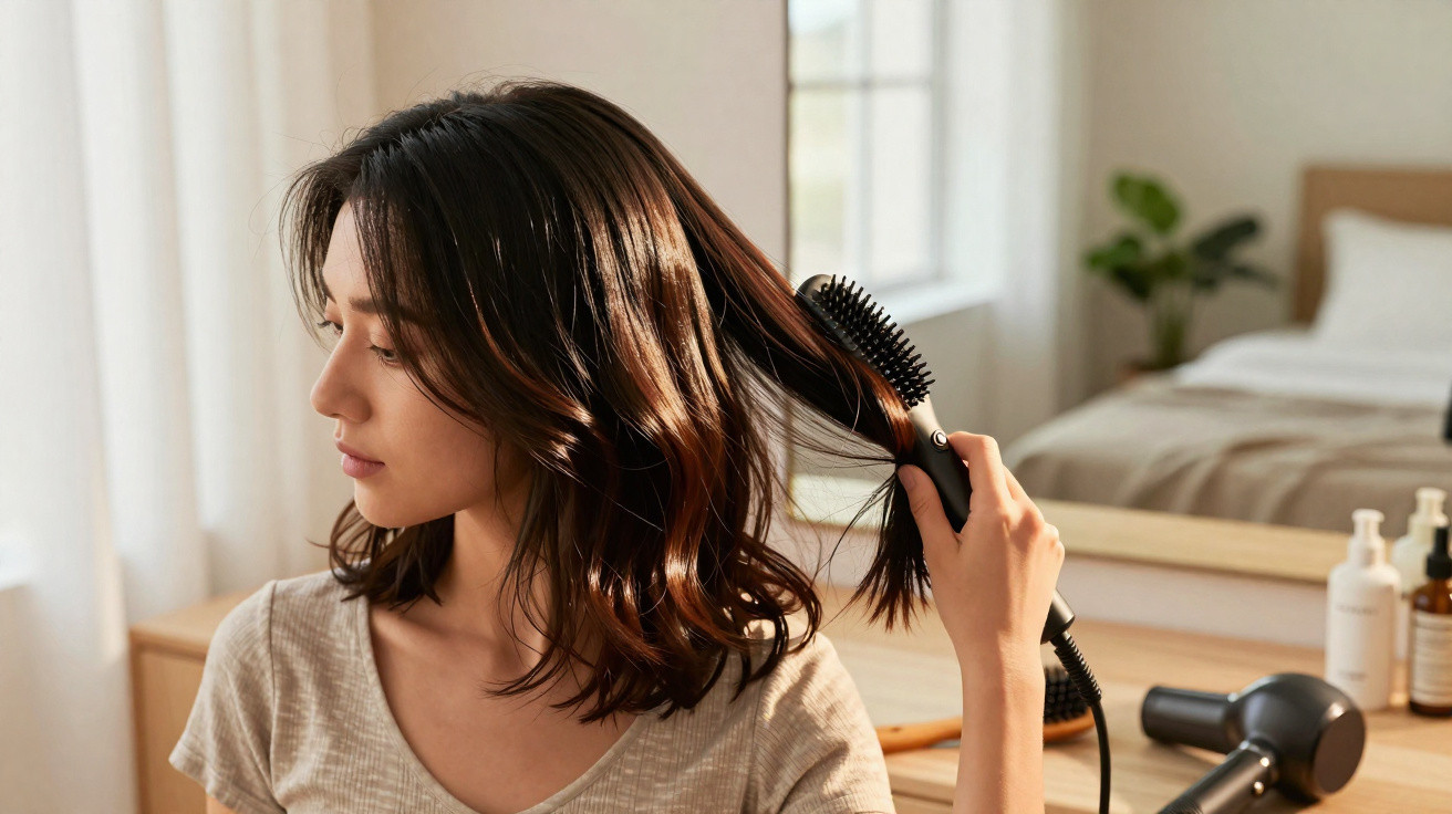 Woman using a heated hairbrush to style her shoulder-length dark hair in a sunlit bedroom.