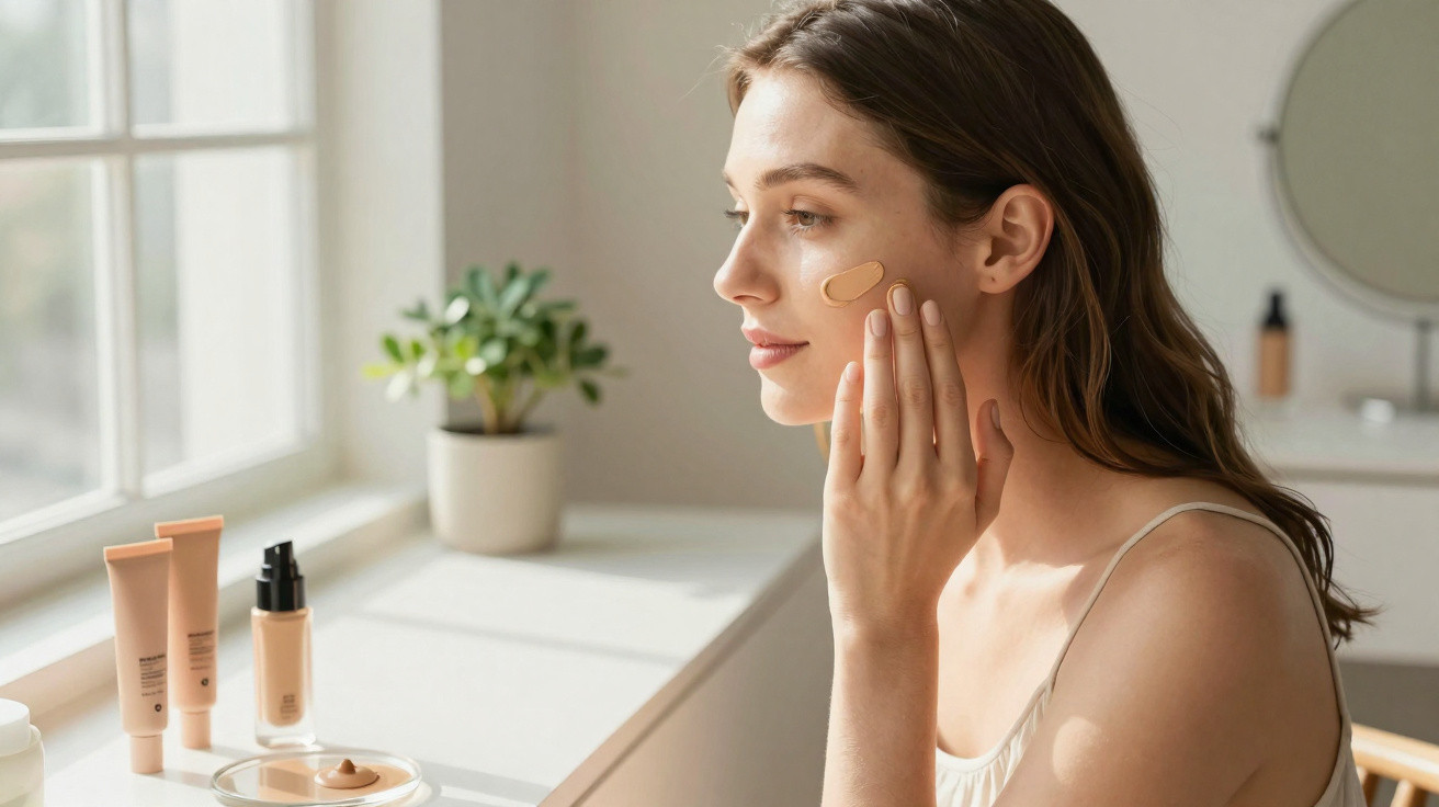 Young woman applying liquid foundation to her cheek in a bright room by a window.