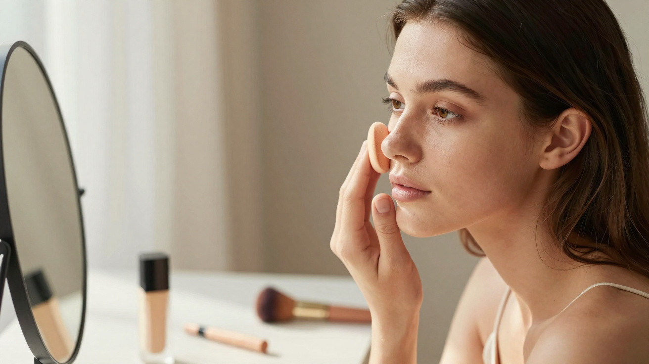 Young woman applying makeup with a sponge, sitting at a table with a mirror and cosmetic products.