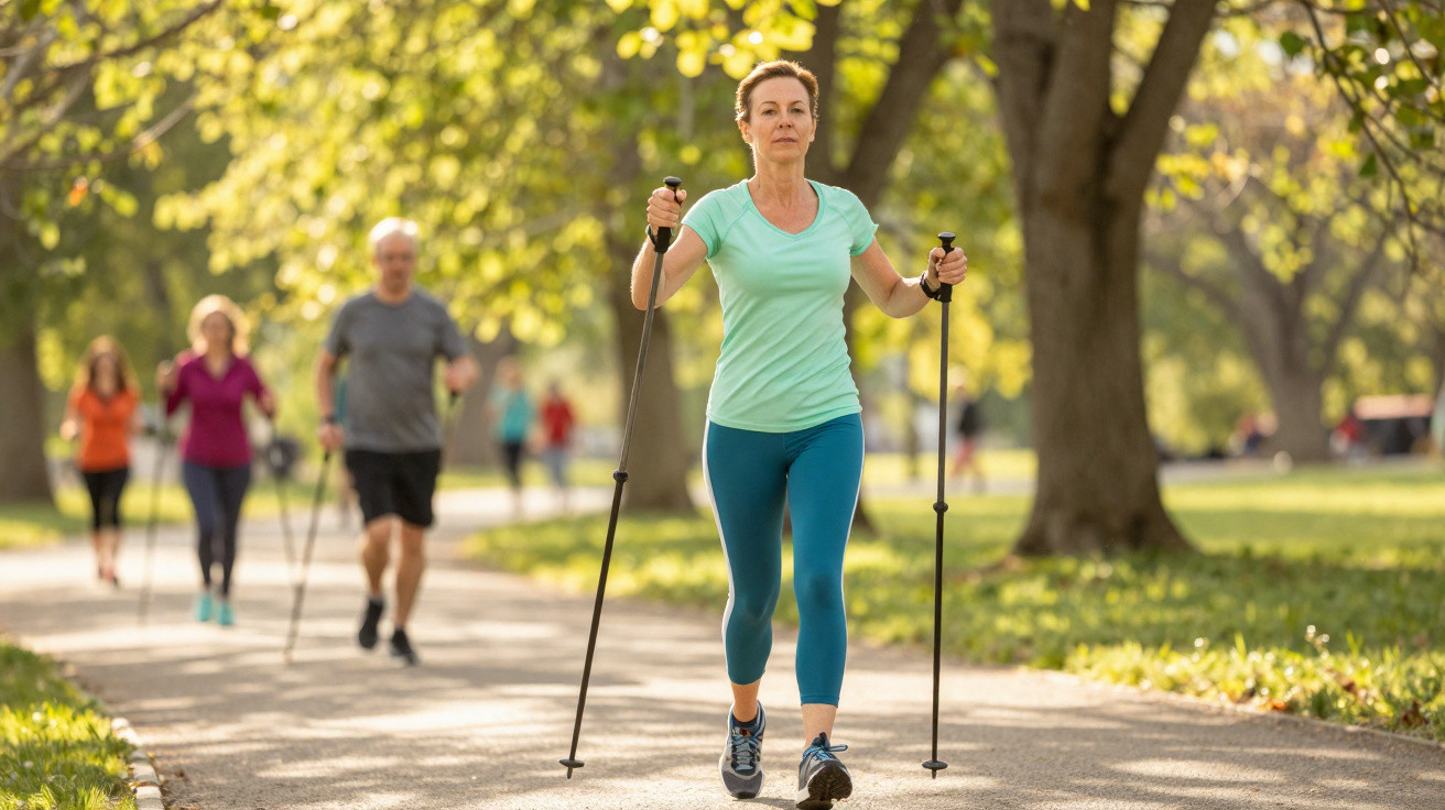 A woman in athletic wear walking with Nordic poles on a sunny park path with others in the background.