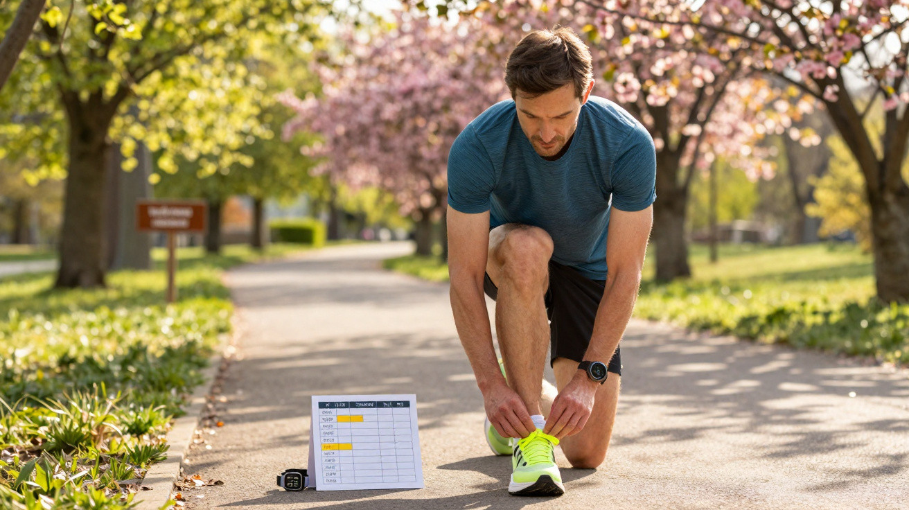 Man tying bright yellow running shoes on a park path with cherry blossoms in the background.
