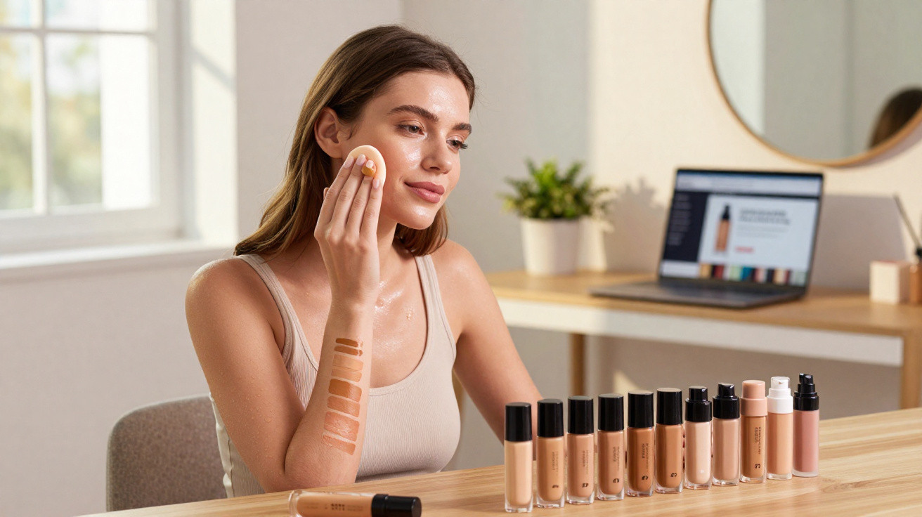 Woman applying foundation with colour swatches on her arm and bottles displayed on table in a bright room.