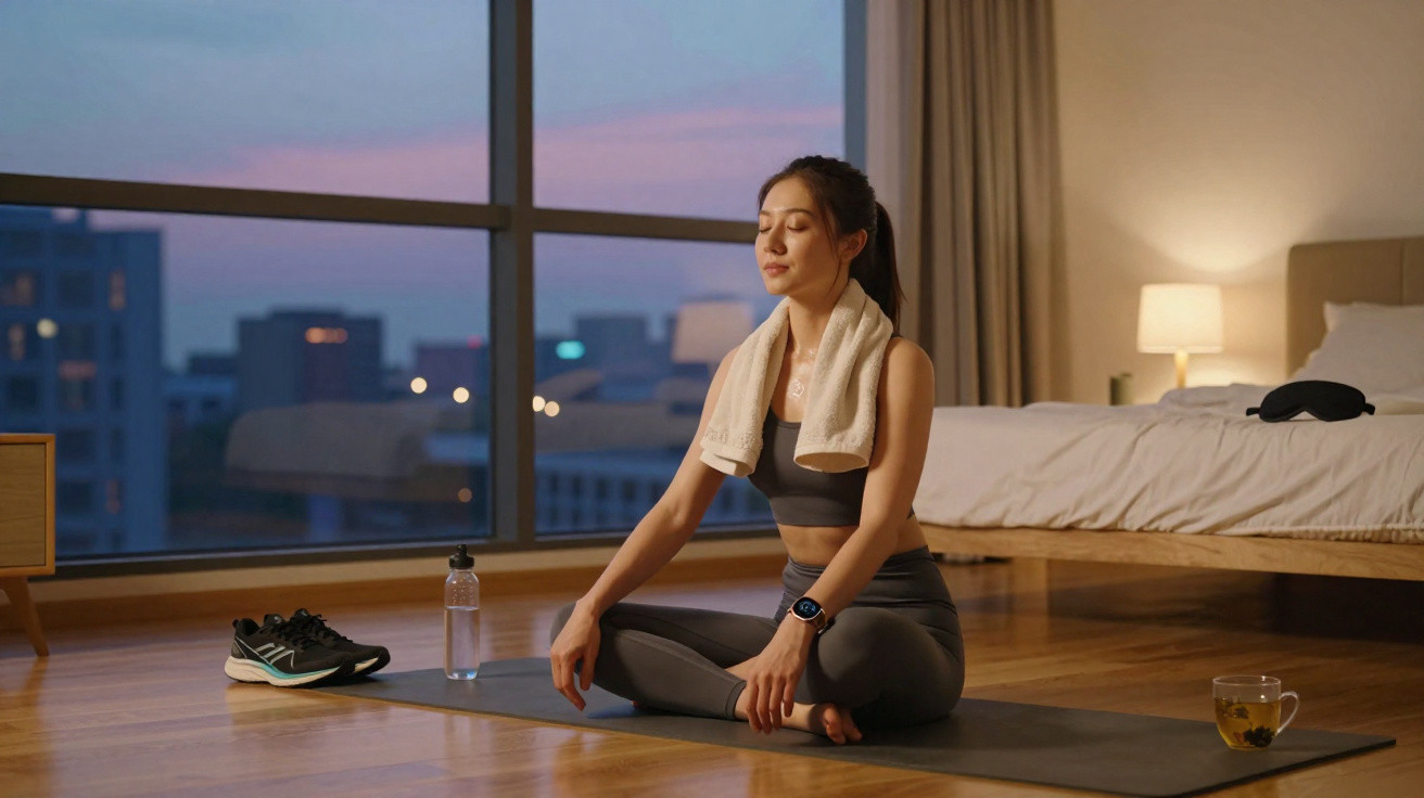 Woman meditating on a yoga mat in a bedroom with city view at dusk, wearing workout clothes and towel around neck.