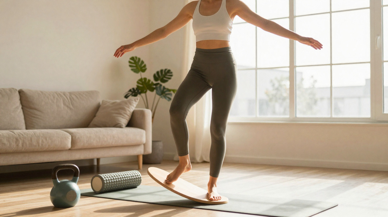 Person balancing barefoot on a wooden balance board in bright living room with kettlebell and foam roller nearby