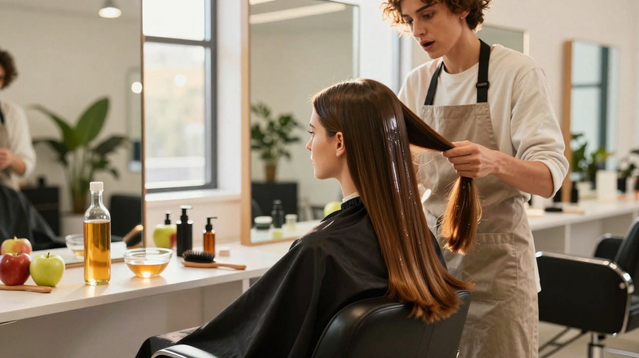 Hairdresser applying treatment to long brown hair of seated woman in a modern salon.