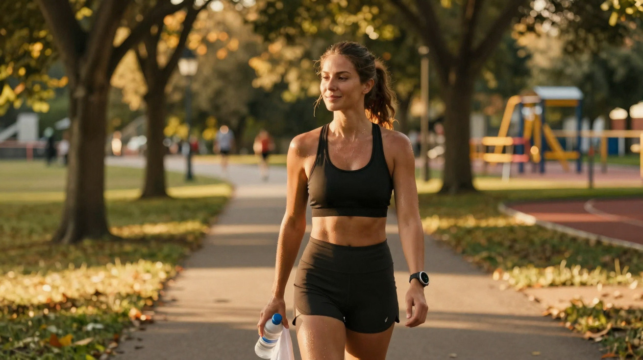 Fit woman walking in sportswear holding a water bottle on a park path in autumn sunlight.