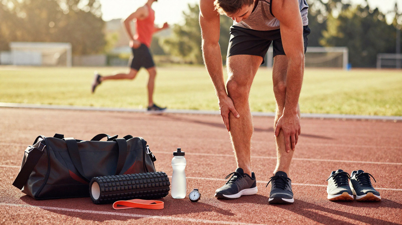 Athlete resting on a running track holding his knees, with training gear and stopwatch on the ground nearby.