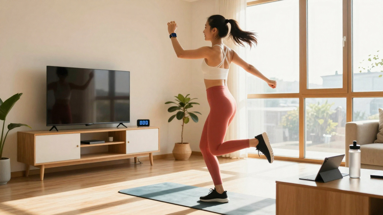 Woman in activewear exercising on a yoga mat in a bright living room with large windows and wooden flooring.