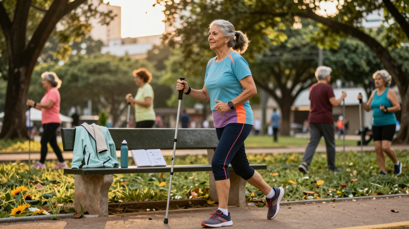 Older woman walking with a pole in a park, with others exercising and a bench in the background.