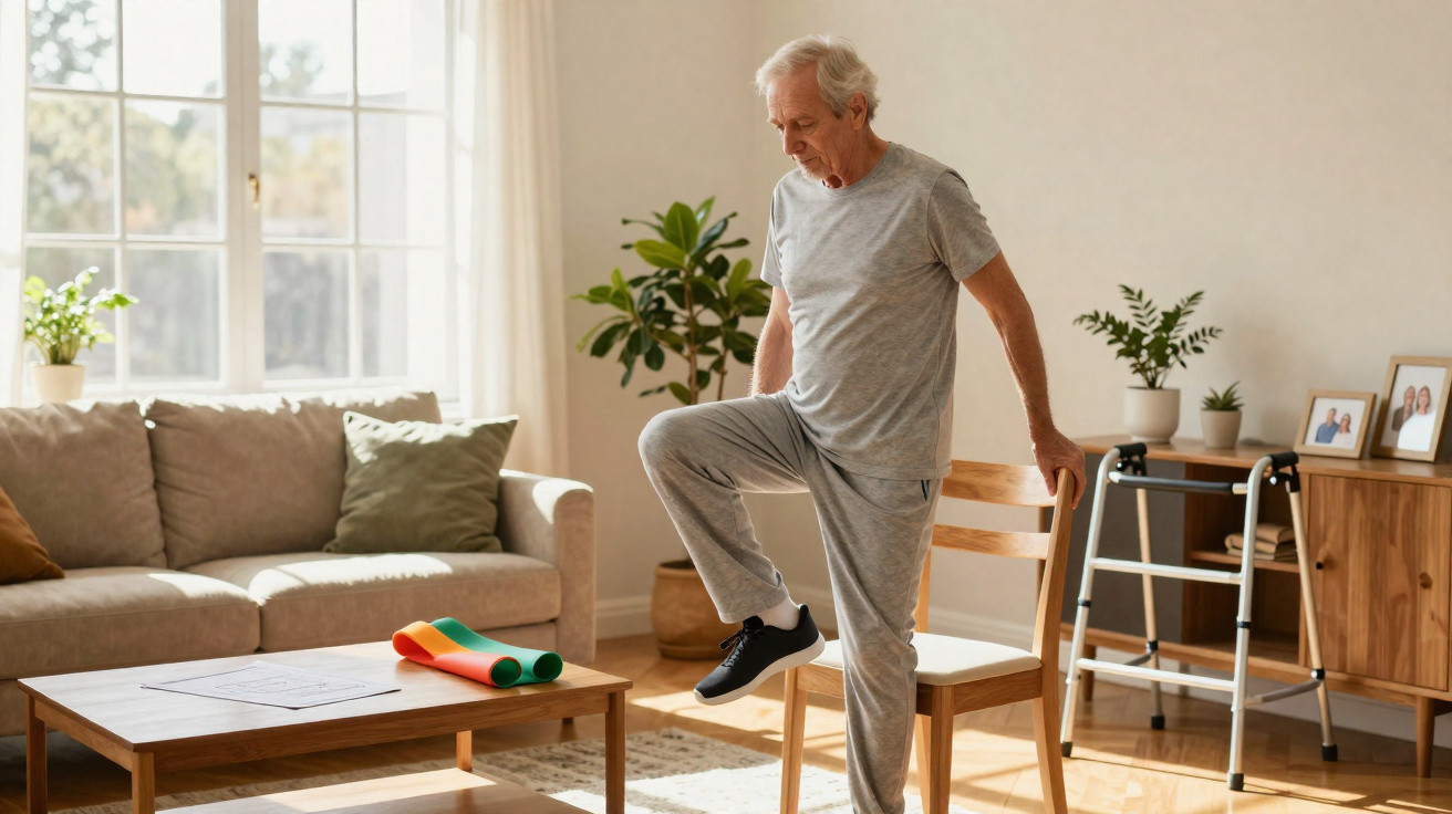 Elderly man in grey tracksuit exercising at home, using a chair for balance in a sunlit living room.