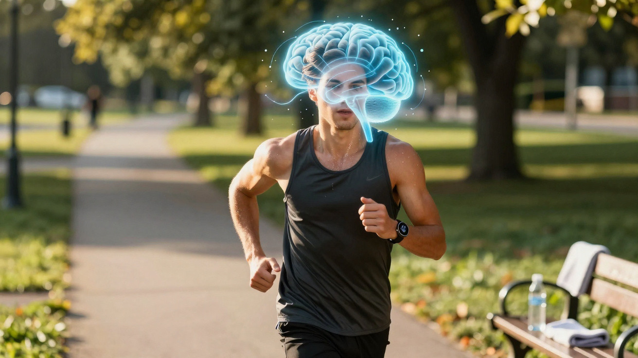 Man jogging outdoors with a glowing brain illustration over his head, symbolising mental fitness.