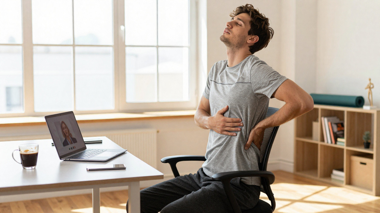 Young man in grey t-shirt stretching and relieving back pain while sitting at desk with laptop in bright room.