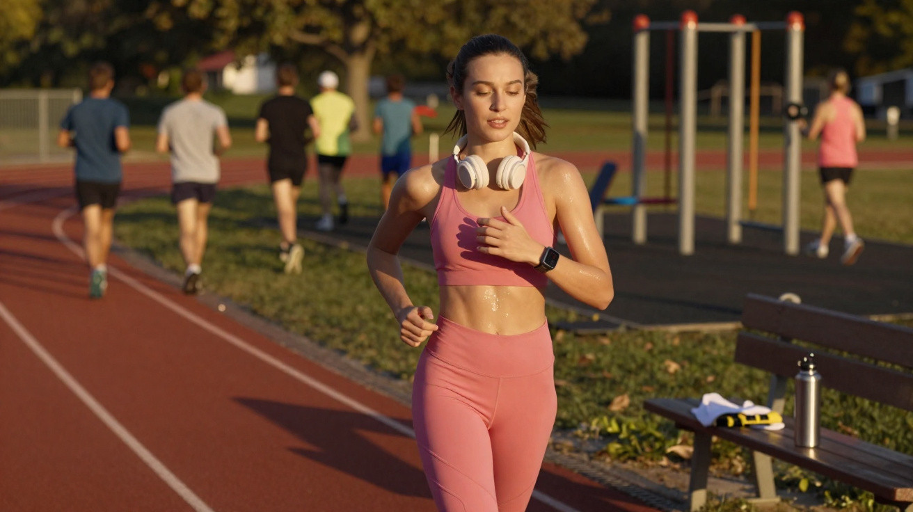 Woman in pink sportswear jogging on an outdoor track with headphones around her neck and others running nearby.