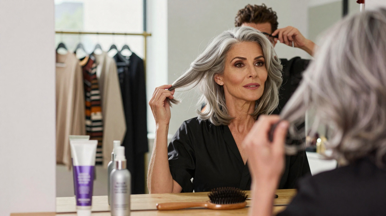 Middle-aged woman with grey hair styling her hair in front of a mirror in a modern dressing room.
