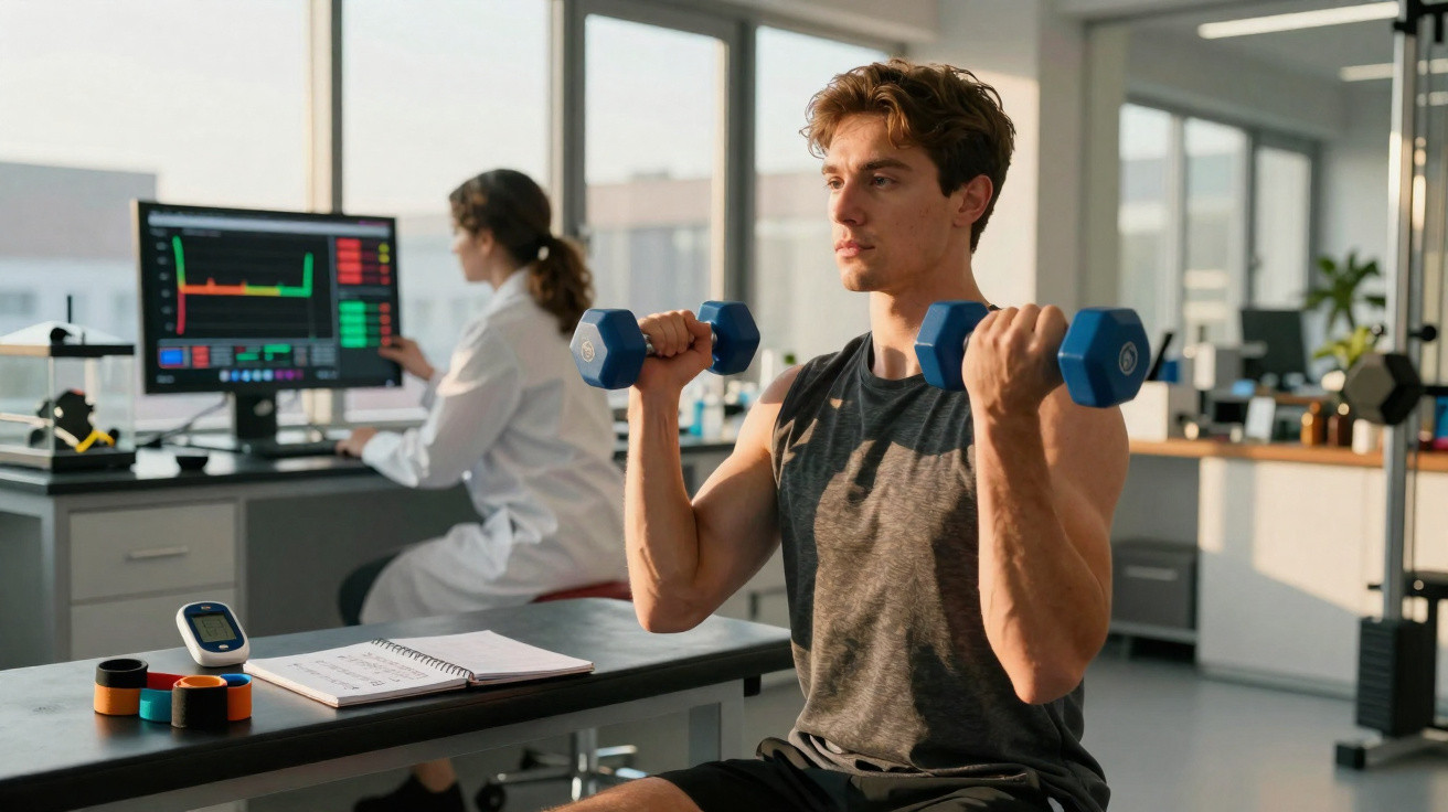 Man lifting dumbbells during a physical therapy session with a medical professional monitoring data on a computer.