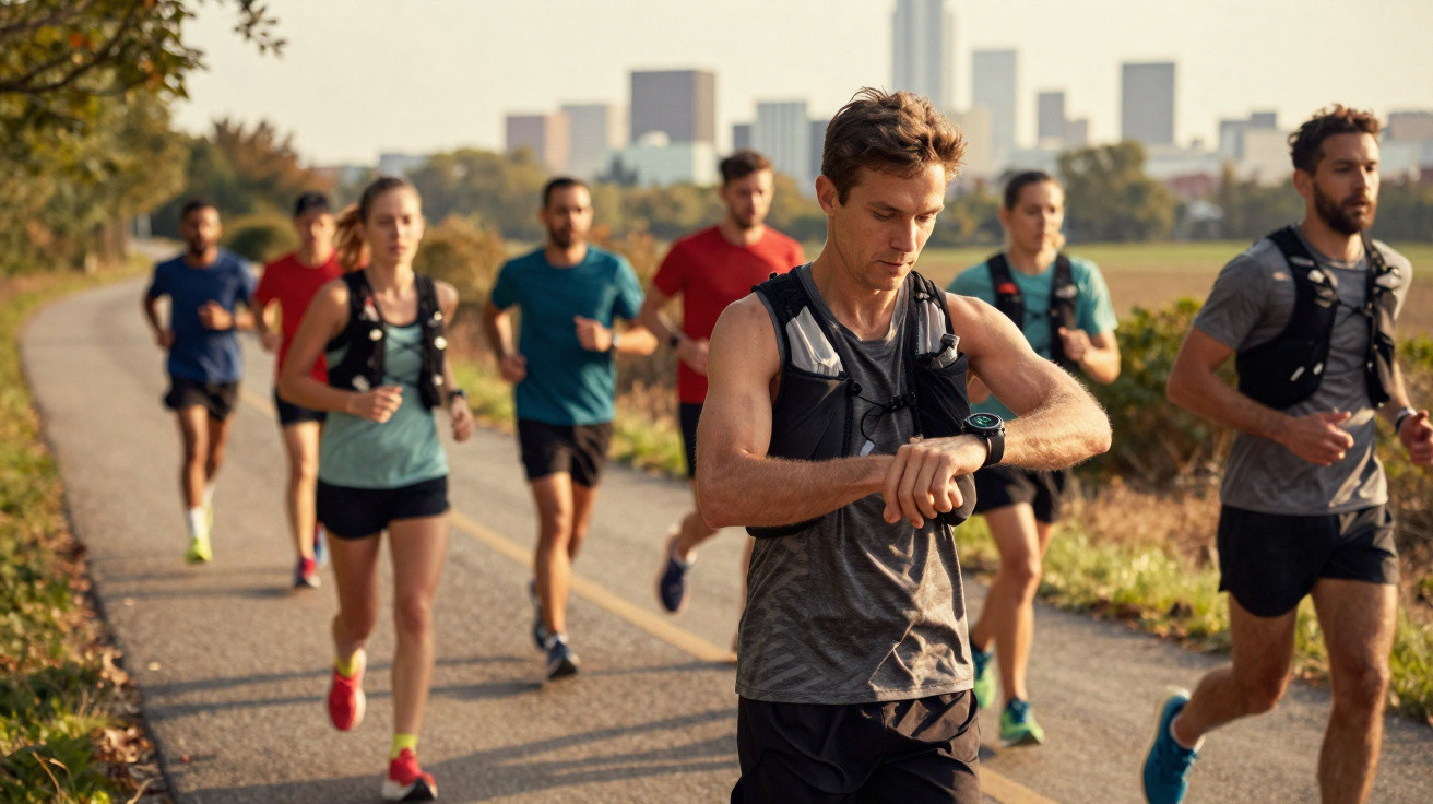 Group of runners training outdoors on a paved path near a city skyline during daytime.