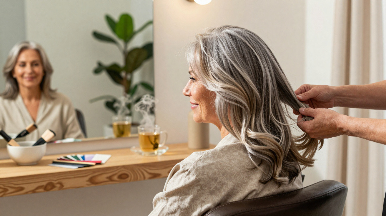 Woman with long grey hair smiling while a stylist arranges her hair in front of a mirror at a salon.