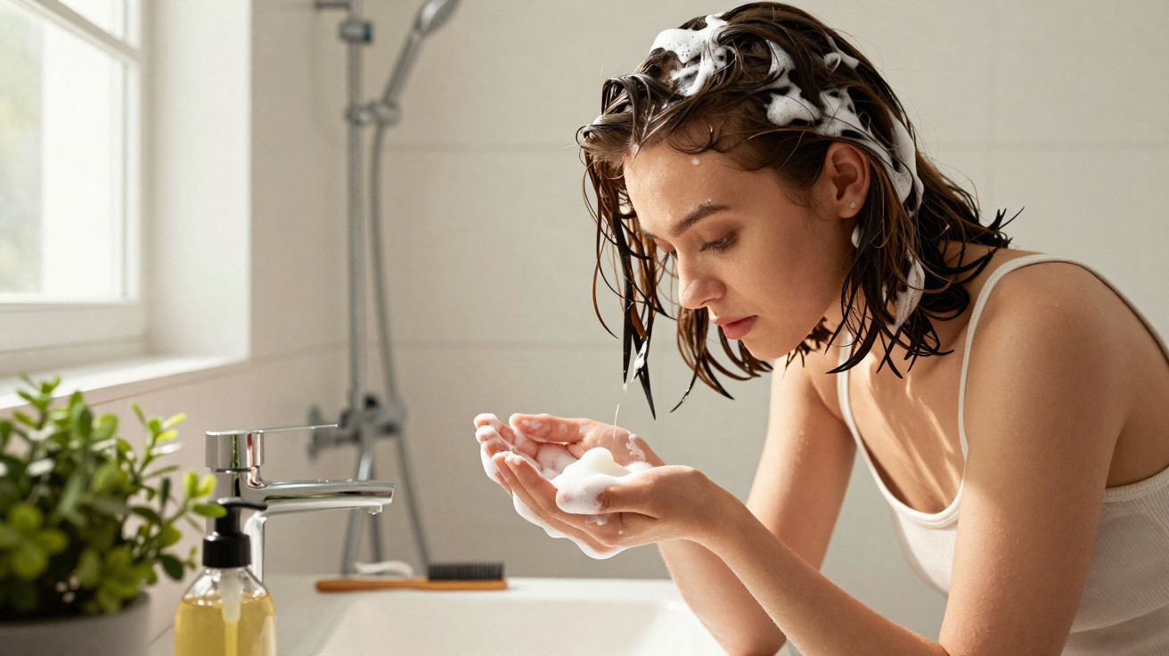 Young woman with wet hair covered in shampoo lather washing her hair over a bathroom sink