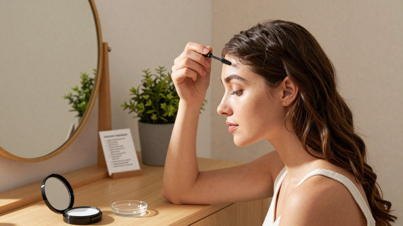 Woman applying eyebrow makeup while sitting at a wooden vanity with a round mirror and a potted plant.