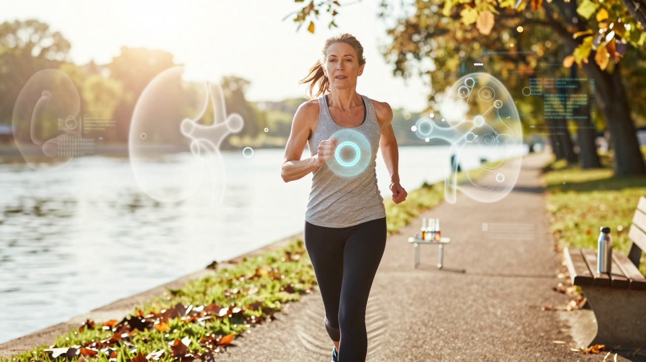 Woman jogging along river path with digital health graphics illustrating kidney function.