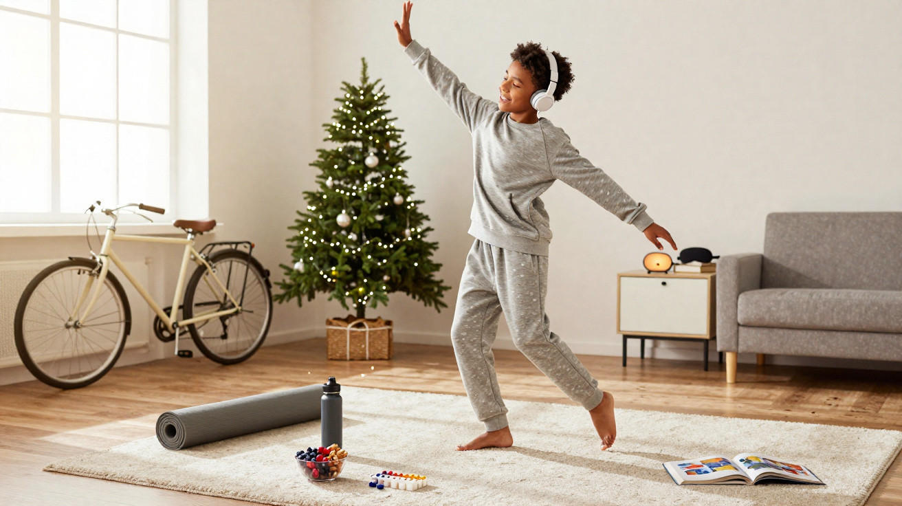 Child in grey loungewear dancing with headphones in a living room decorated with a Christmas tree and bicycle.