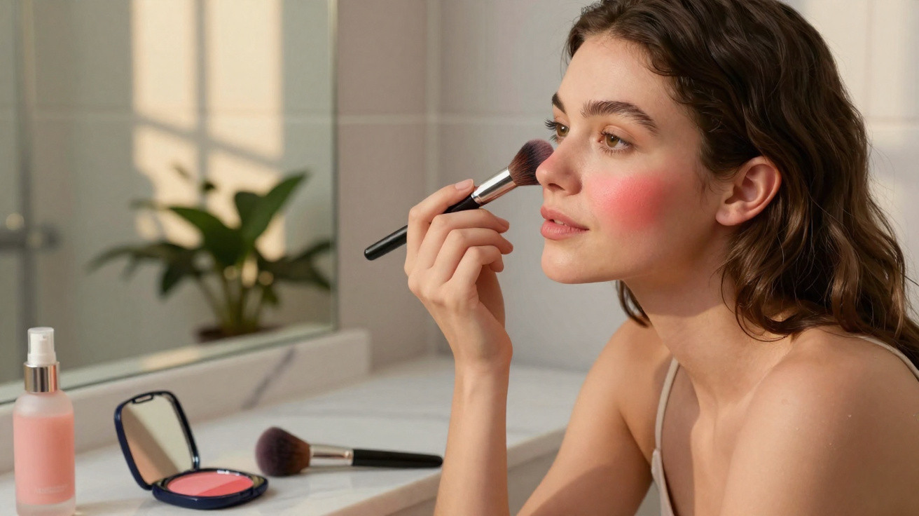 Woman applying blush with a brush in front of a bathroom mirror with cosmetics on the counter