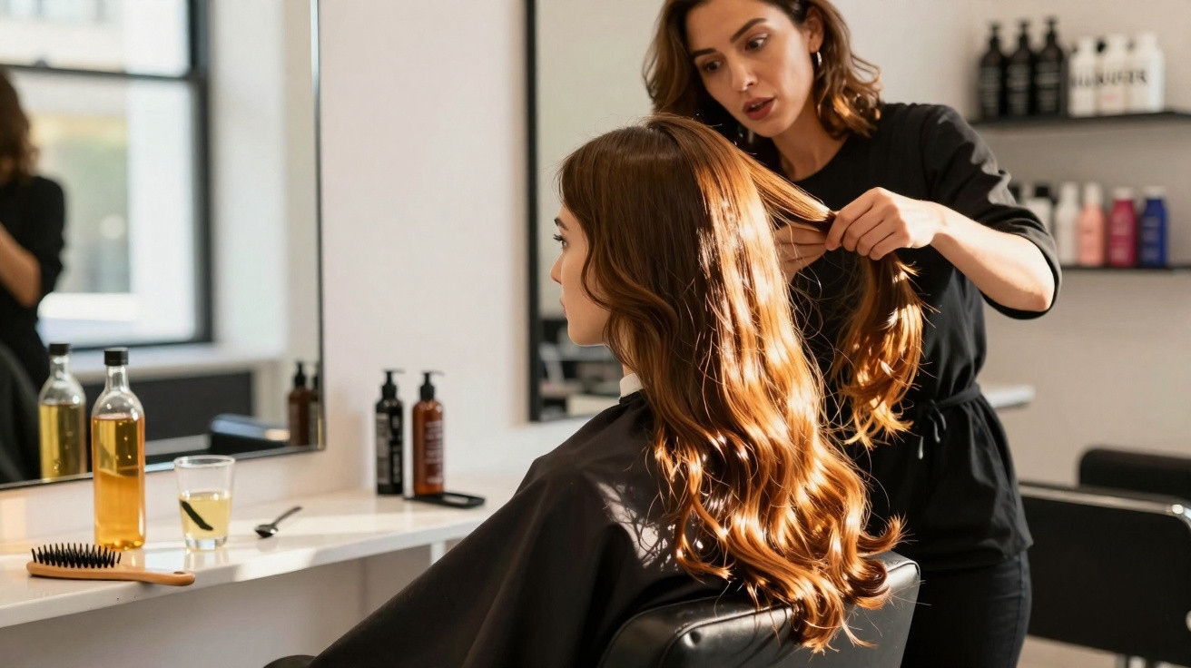 Hairdresser styling long wavy hair of a woman seated in a salon chair in front of a mirror.