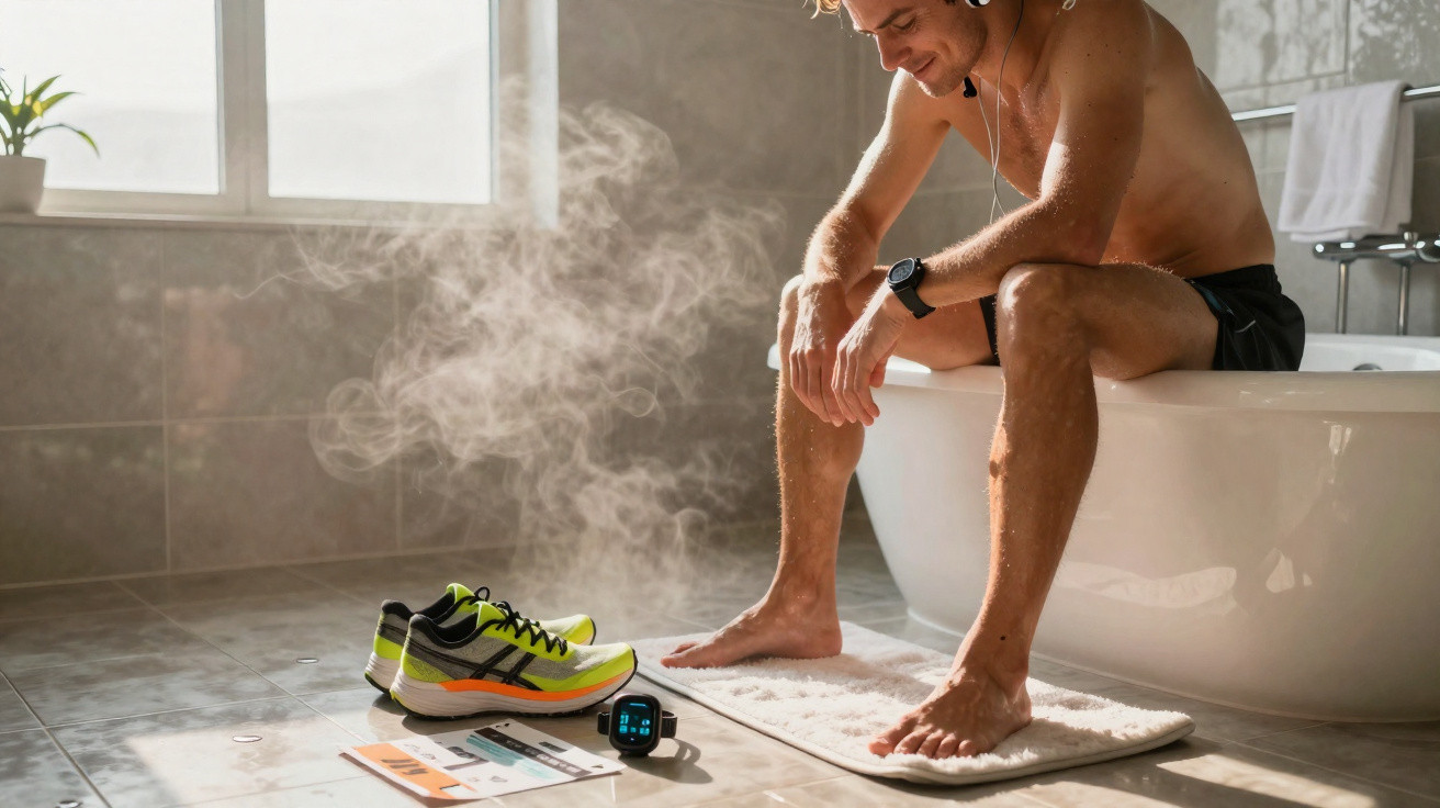 Man in shorts sitting on a bathtub edge looking at steaming running shoes on a bathroom floor mat.