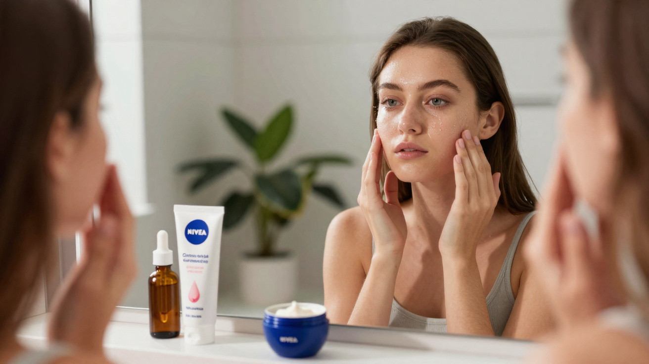 Young woman applying facial cream in front of a mirror with skincare products on the counter.