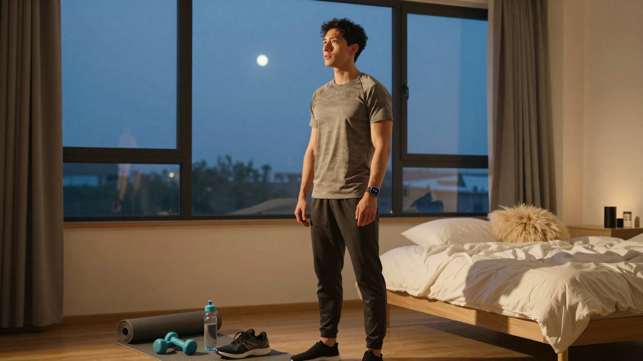 Man in sportswear standing in bedroom near yoga mat, dumbbells, and water bottle at night with moon visible outside window.