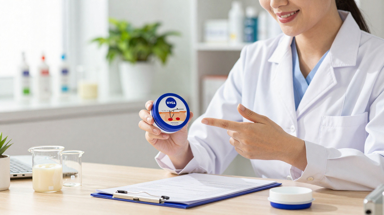A person in a white lab coat pointing at a Nivea skin cream container while sitting at a desk with documents.